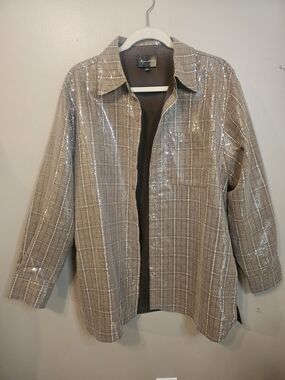 Line And Dot Sequin Plaid Shacket - Taupe Sparkle